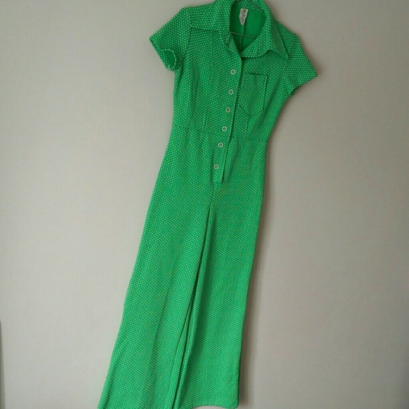 SOLD • RARE VTG 70s Green Polka Dot Disco Jumpsuit - Picture 2 of 4